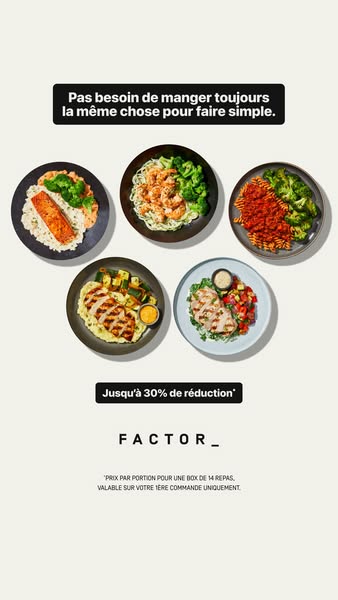 Five plated Factor meals from above, salmon, shrimp pasta, chicken and pasta with broccoli, French headline on variety