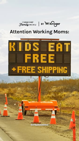 Orange LED roadside sign in a desert reading Kids Eat Free plus Free Shipping under the headline Attention Working Moms