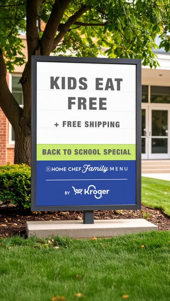 School marquee sign on a lawn reading Kids Eat Free, Free Shipping and Back to School Special by Home Chef and Kroger