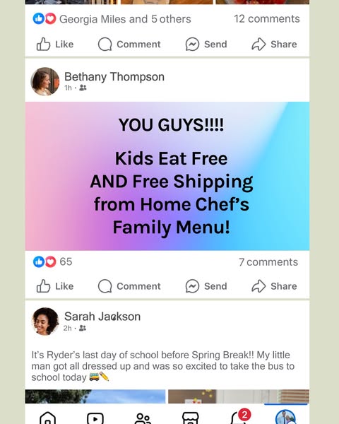 Facebook feed mockup with a pink and blue gradient post reading YOU GUYS Kids Eat Free AND Free Shipping from Home Chef