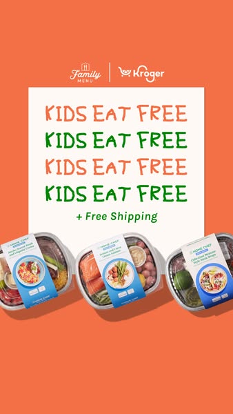 Orange background with a white card repeating Kids Eat Free four times in orange and green above three Home Chef meals