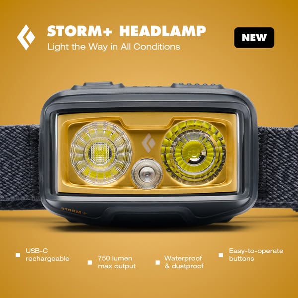 Black Diamond Storm+ headlamp close-up on yellow background with NEW badge and four feature callouts