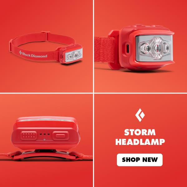 Red Black Diamond Storm headlamp shown in three angles in a four-panel grid with a Shop New button