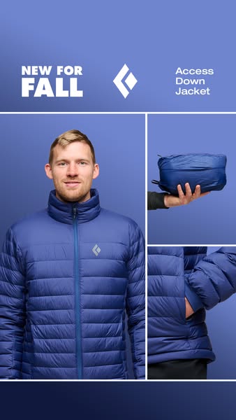 Man wearing blue Black Diamond Access Down Jacket with packed jacket and pocket detail in a vertical grid, New for Fall