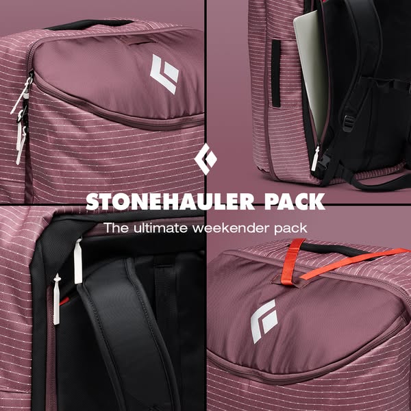 Four close-ups of a mauve Black Diamond Stonehauler pack showing laptop sleeve, straps and handle with centred title