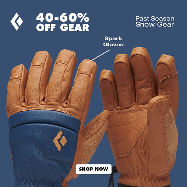 Pair of tan leather and navy Black Diamond Spark Gloves on blue background with 40-60% off gear and Shop Now button