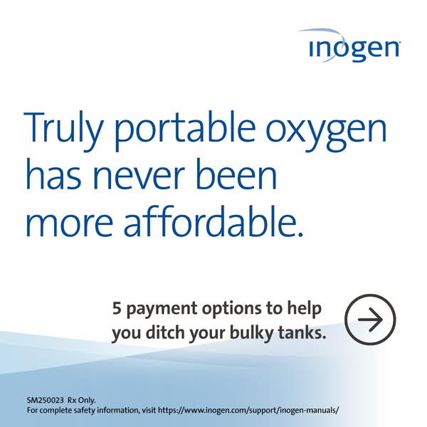 Inogen square ad with blue text: Truly portable oxygen has never been more affordable, 5 payment options and an arrow icon