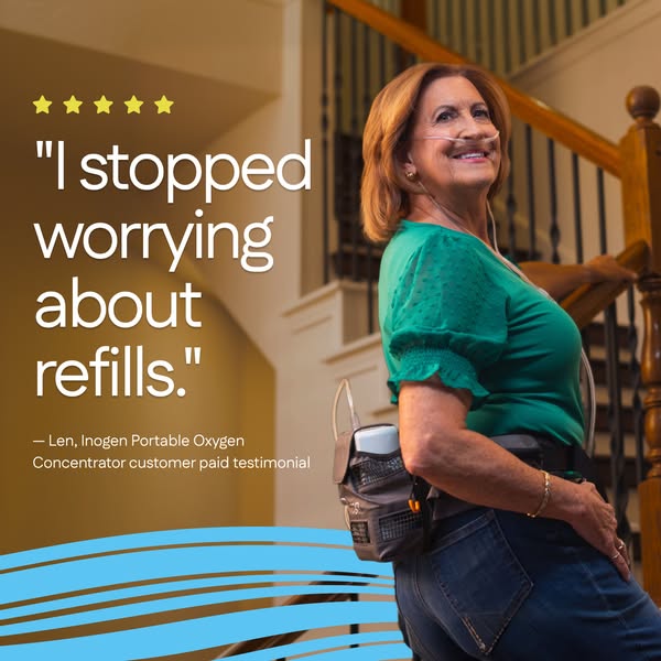 Smiling woman by a staircase wearing a portable oxygen concentrator, five stars and quote: I stopped worrying about refills