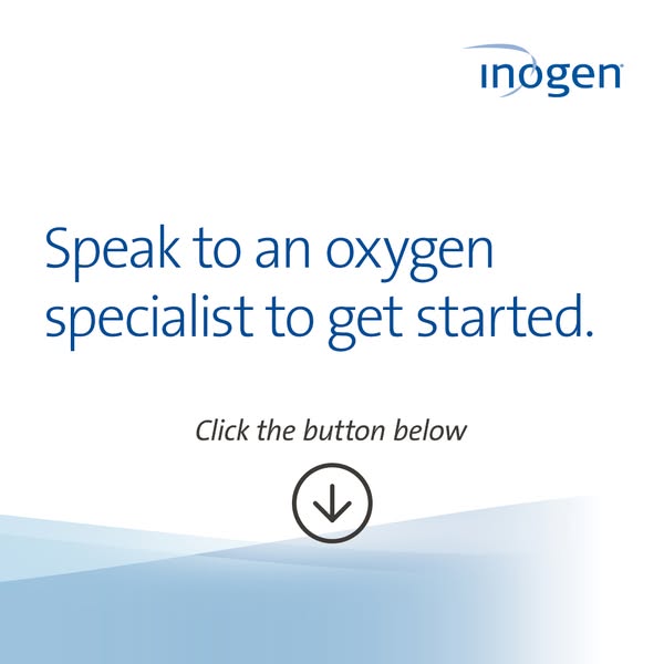 White Inogen ad with blue text Speak to an oxygen specialist to get started, Click the button below and a down arrow