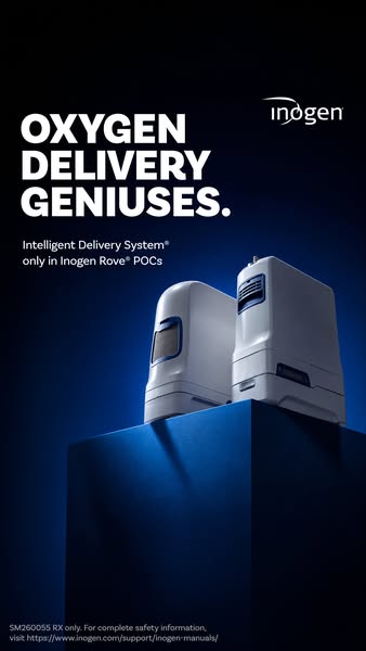 Two white Inogen Rove portable oxygen concentrators on a dark blue plinth under spotlight with text Oxygen Delivery Geniuses
