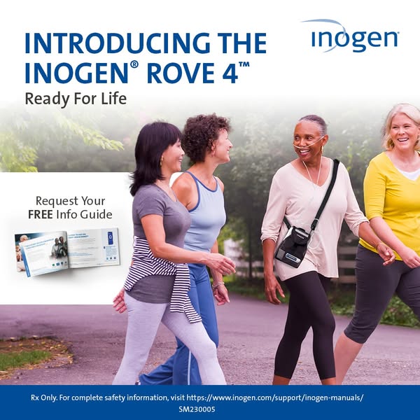 Four smiling women walk outdoors, one wearing an Inogen Rove 4 oxygen concentrator, with a free info guide offer on the left