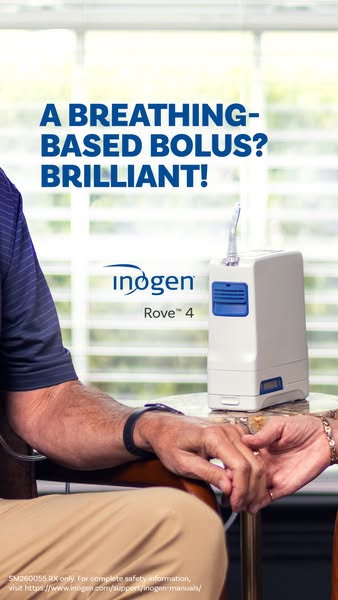 Inogen Rove 4 concentrator on a side table as an older couple holds hands, headline A breathing-based bolus? Brilliant!