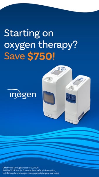 Inogen ad with two white portable oxygen concentrators on a deep blue background and a Save $750 headline