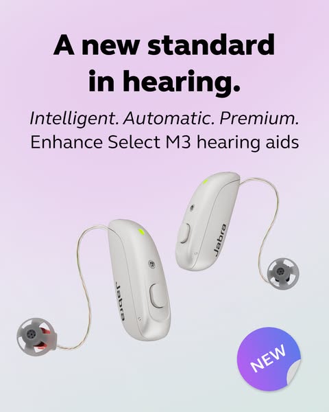 Two white Jabra hearing aids floating on a lilac gradient under the headline A new standard in hearing, with a NEW sticker