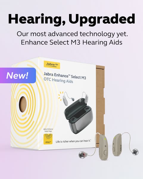 Jabra Enhance Select M3 OTC hearing aids retail box with two hearing aids beside it under the headline Hearing, Upgraded