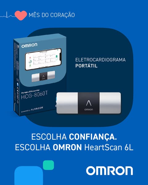 Omron HeartScan 6L portable ECG device and HCG-8060T box on blue background with Mês do Coração heading