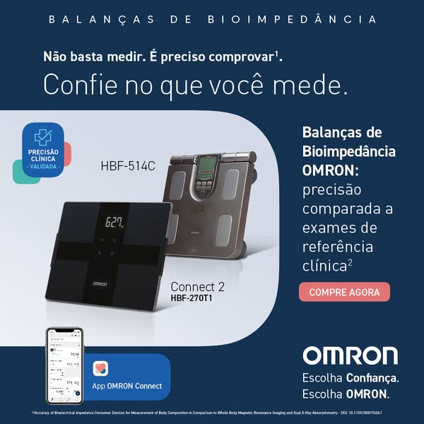 Omron HBF-514C and Connect 2 body composition scales with clinical precision badge, app phone and Compre agora button