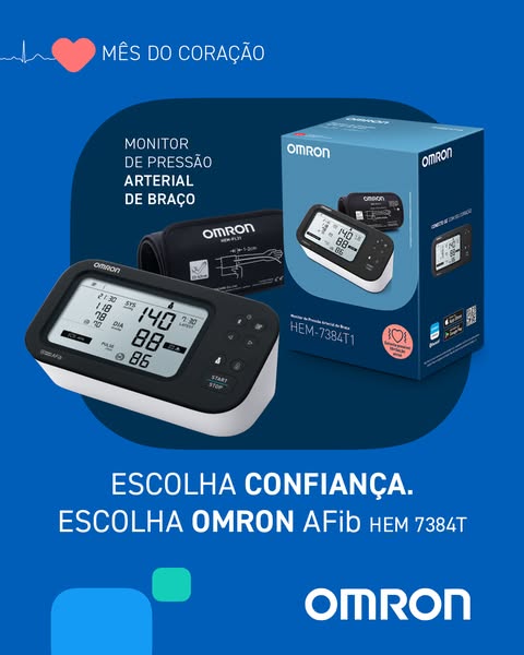 Omron AFib HEM-7384T blood pressure monitor showing 140/88 reading with cuff and retail box on blue background