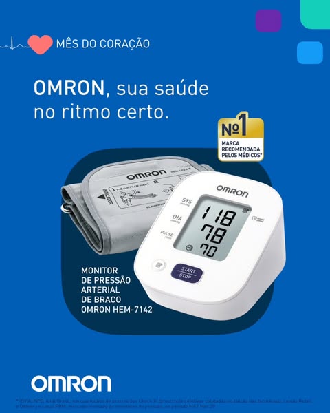Omron HEM-7142 upper arm blood pressure monitor with cuff and gold Nº1 recommended by doctors badge on blue background