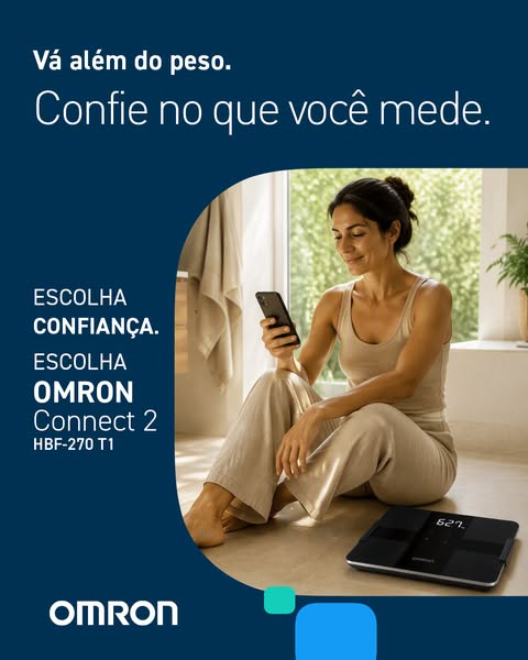 Smiling woman sitting on a bright floor checking her phone next to an Omron Connect 2 smart scale, headline Vá além do peso