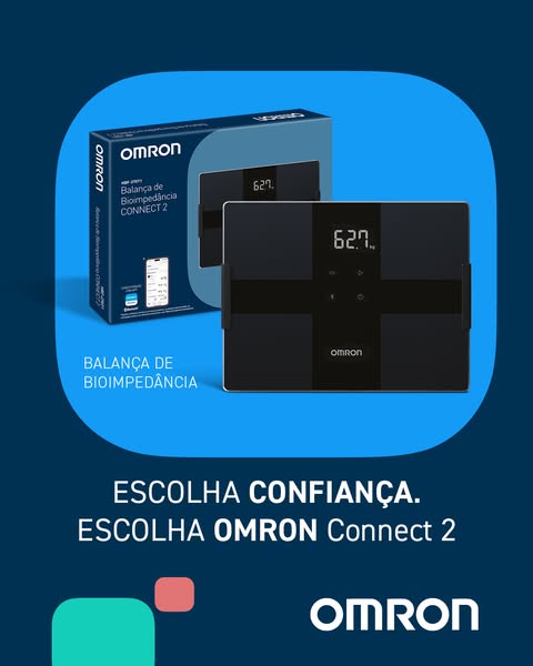 Black Omron Connect 2 bioimpedance scale showing 62.7 kg in front of its retail box inside a bright blue rounded frame