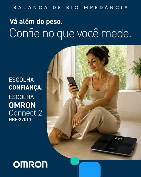 Smiling woman sitting on a bright floor checking her phone next to an Omron Connect 2 smart scale, headline Vá além do peso