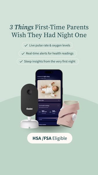 Owlet camera, phone showing live baby vitals and a pink Dream Sock below three checkmarked benefits on a sage background