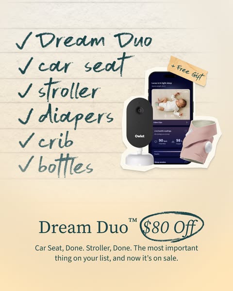 Handwritten baby checklist with Dream Duo at the top beside an Owlet camera, phone and pink sock, and a circled $80 off