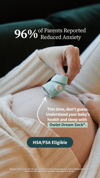Pregnant woman holds a mint Owlet Dream Sock over her bump under a headline saying 96% of parents reported reduced anxiety