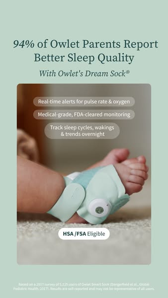 Close-up of a baby's foot in a mint Owlet Dream Sock on a rug, with feature labels below a 94% better sleep headline