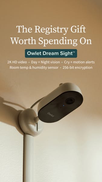 White Owlet Dream Sight camera on a wall mount in warm golden light, under a registry gift headline and feature list
