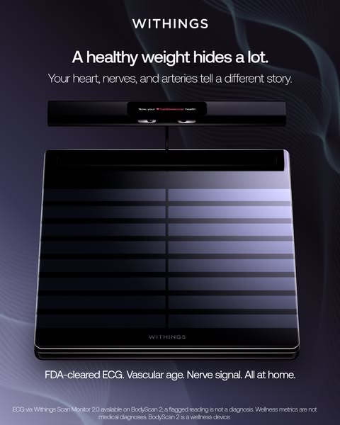 Withings BodyScan 2 smart scale with handle on dark purple background, headline 'A healthy weight hides a lot'.