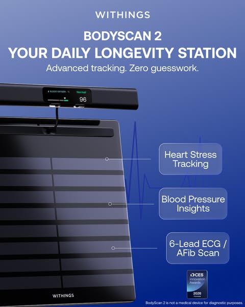 Withings BodyScan 2 scale on blue gradient with callouts for heart stress, blood pressure and 6-lead ECG, CES 2026 badge.