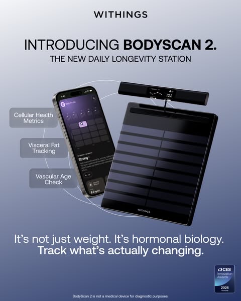 Withings BodyScan 2 scale and phone app on blue-grey gradient with callouts for cellular health, visceral fat, vascular age.