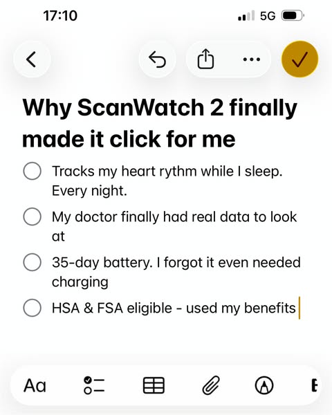 iPhone Notes app screenshot titled 'Why ScanWatch 2 finally made it click for me' with four checklist reasons.