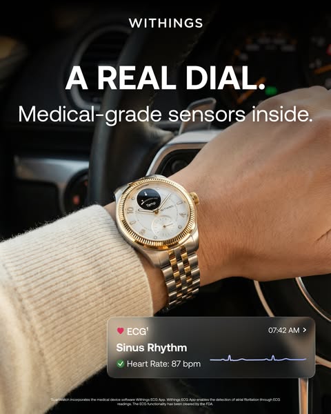 Two-tone Withings ScanWatch Nova Brilliant on a driver's wrist at the steering wheel with an ECG sinus rhythm card.