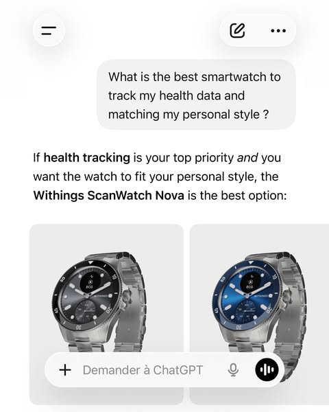 ChatGPT screenshot recommending Withings ScanWatch Nova for health tracking and style, with black and blue watch images.