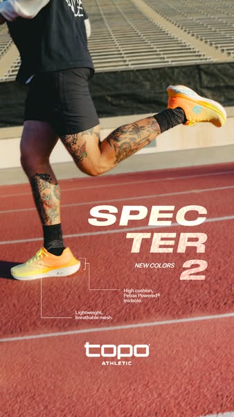 Runner with leg tattoos on a red track wearing orange Topo Specter 2 shoes with callouts for Pebax midsole and mesh