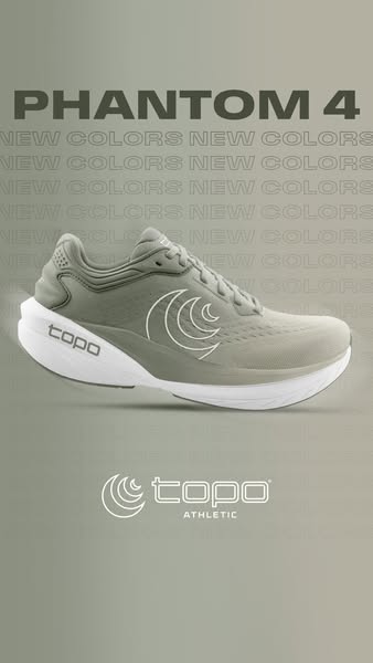 Sage green Topo Phantom 4 running shoe floating on a matching green background with repeated New Colors text