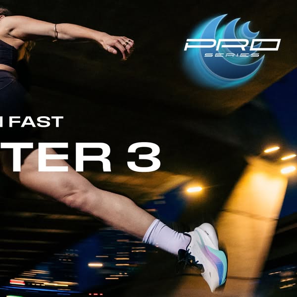 Runner leaping under a lit overpass at night wearing white Topo Specter 3 shoes with text Fast, ter 3 and Pro Series badge