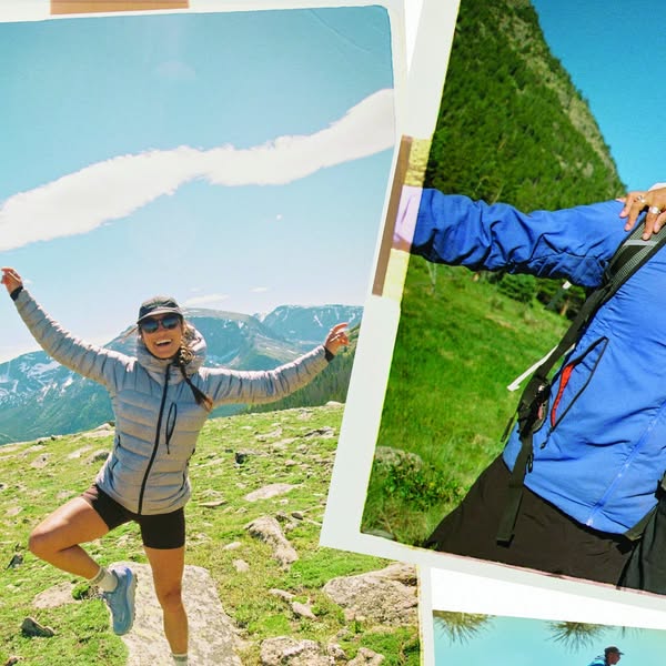 Smiling hiker in a puffer jacket balancing on one leg in an alpine meadow with snowy peaks, beside a photo of a hiker in blue