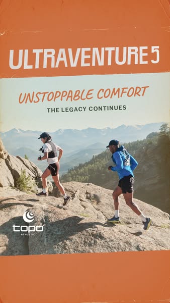 Two trail runners on a rocky ridge with mountains behind, framed by an orange retro border and text Ultraventure 5