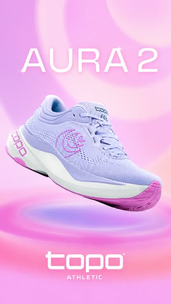 Lavender Topo Aura 2 running shoe floating over a glowing pink and purple gradient with text Aura 2