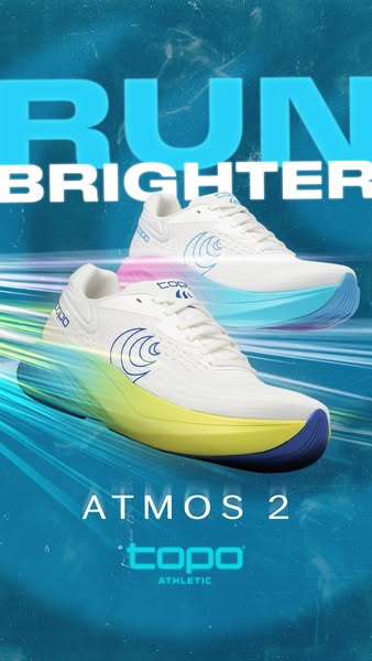 Two white Topo Atmos 2 running shoes with colorful midsoles over neon speed lines on teal with text Run Brighter