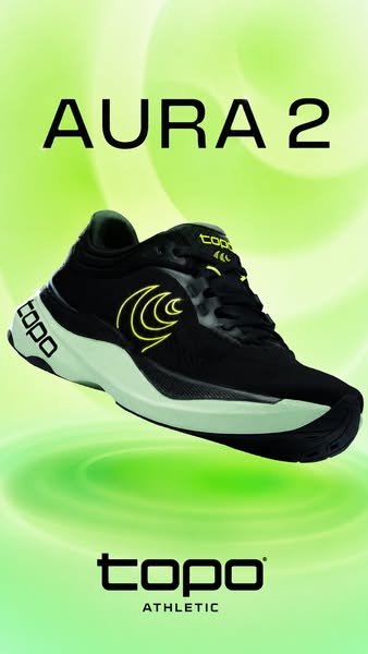 Black Topo Aura 2 running shoe with lime accents floating over a glowing lime green gradient with text Aura 2