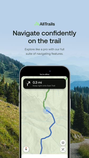 AllTrails vertical ad: phone showing offline trail map with turn-by-turn prompt, alpine meadow and mountains behind