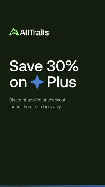 AllTrails vertical ad with white text 'Save 30% on Plus' and a blue sparkle icon on a dark green-black background