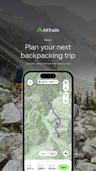 AllTrails vertical ad: phone with custom backpacking route on topo map, distance and elevation stats, rocky trail