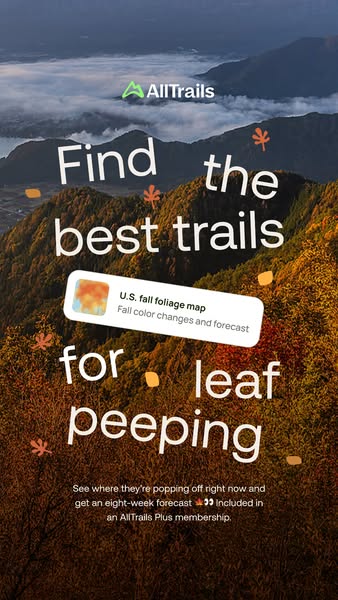 AllTrails vertical ad: scattered white text and leaf icons over an autumn mountain ridge, with a fall foliage map app card
