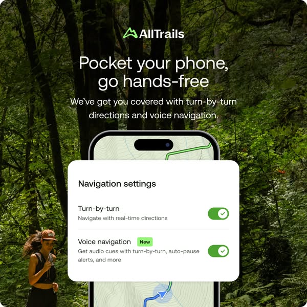 AllTrails square ad: settings card with turn-by-turn and voice navigation toggles on, phone and trail runner in green forest
